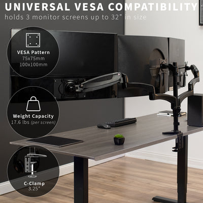 Triple monitor sturdy desk mount attachment with adjustable pneumatic arms, integrated cord management, and universal VESA compatibility.