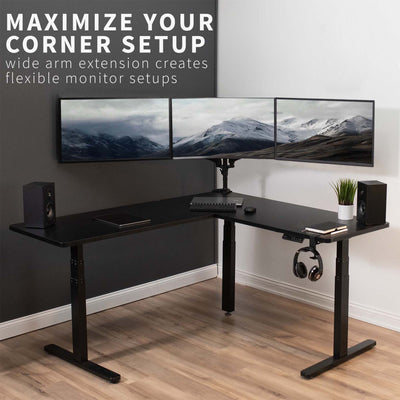 Triple monitor sturdy desk mount attachment with adjustable pneumatic arms and integrated cord management to maximize workspace productivity.