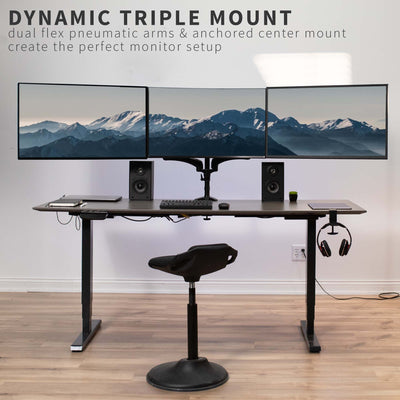 Triple monitor sturdy desk mount attachment with adjustable pneumatic arms and integrated cord management.