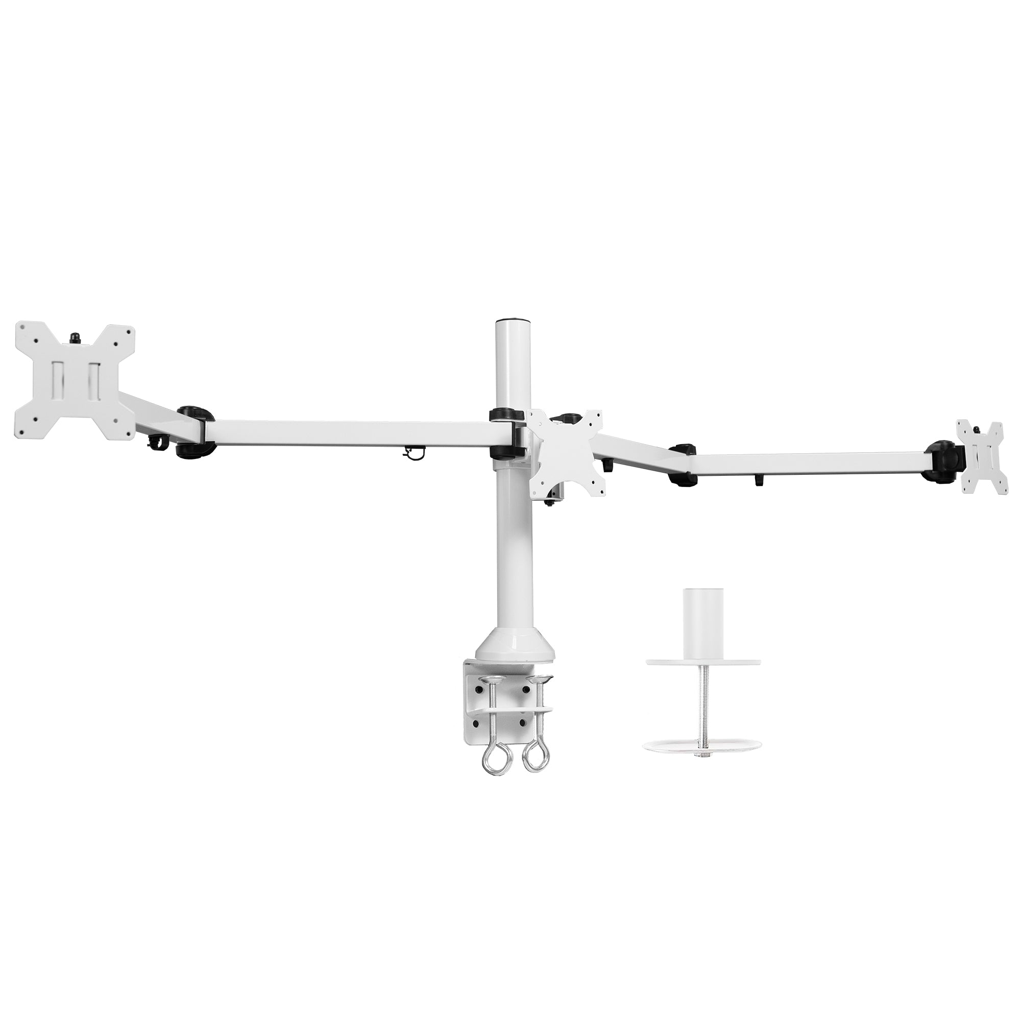 Sturdy height adjustable triple monitor desk mount.