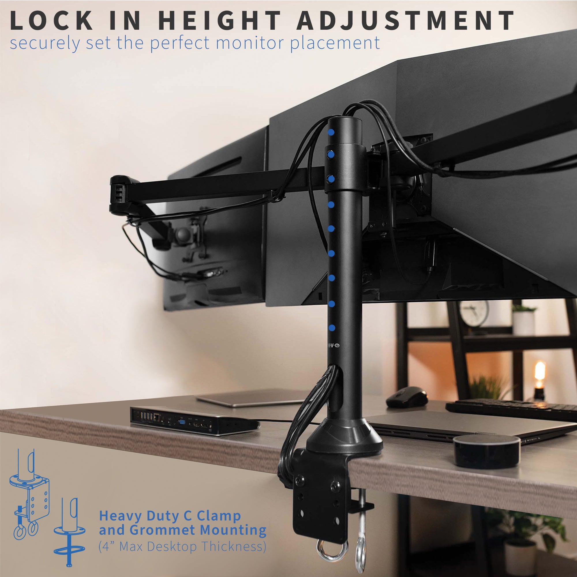 Sturdy height adjustable triple monitor desk mount.