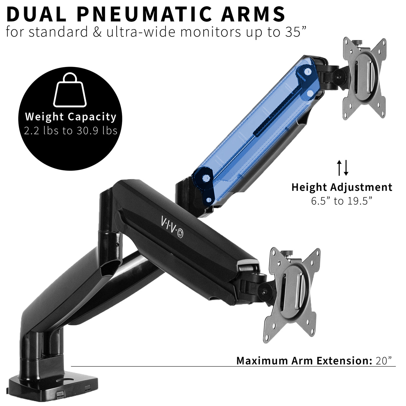 VIVO Premium Aluminum Heavy Duty Dual Monitor Mount holds two 13” to 35” monitors weighing 2.2 lbs to 30.9 lbs each, including ultra-wide screens.