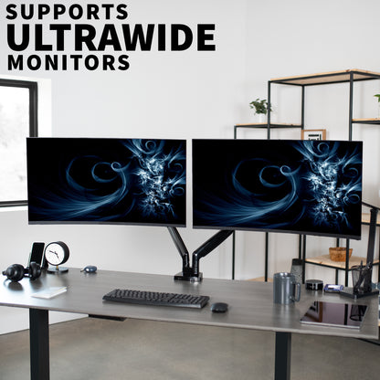 VIVO Premium Aluminum Heavy Duty Dual Monitor Mount holds two 13” to 35” monitors weighing 2.2 lbs to 30.9 lbs each, including ultra-wide screens.