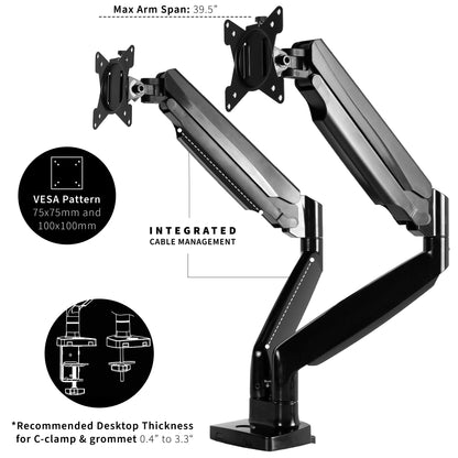 VIVO Premium Aluminum Heavy Duty Dual Monitor Mount holds two 13” to 35” monitors weighing 2.2 lbs to 30.9 lbs each, including ultra-wide screens.