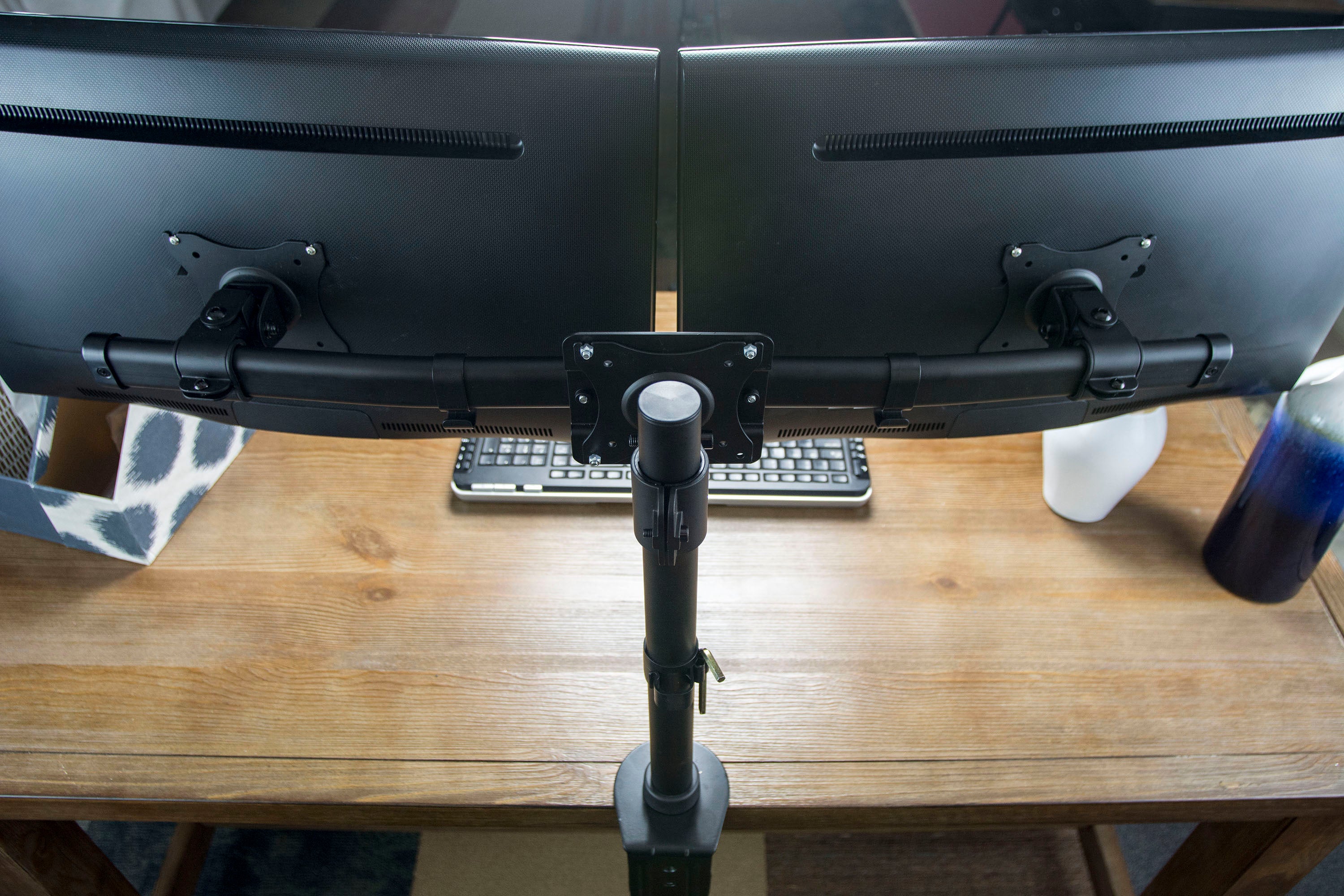 Low profile design of dual monitor mount.