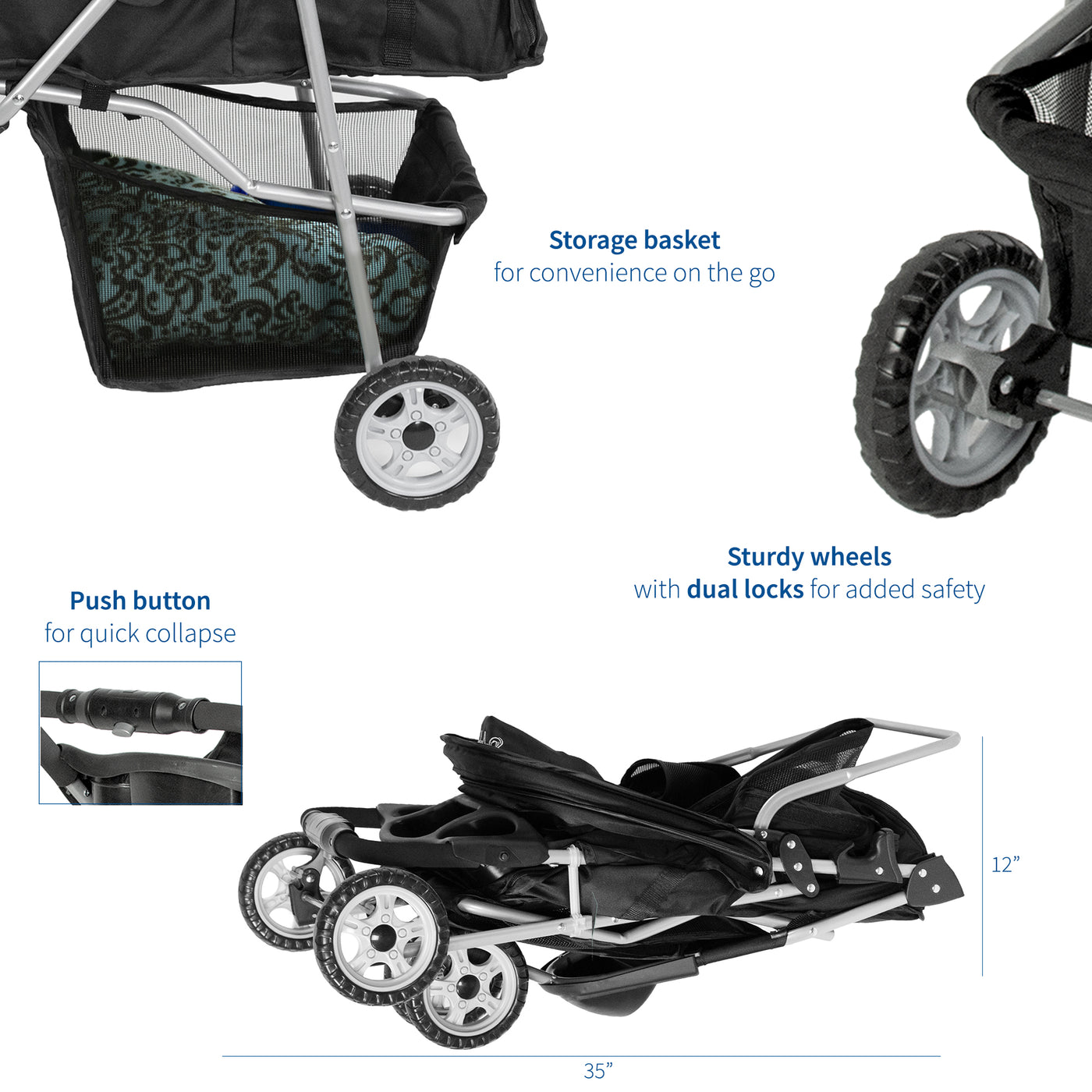 Black Three Wheel Pet Stroller
